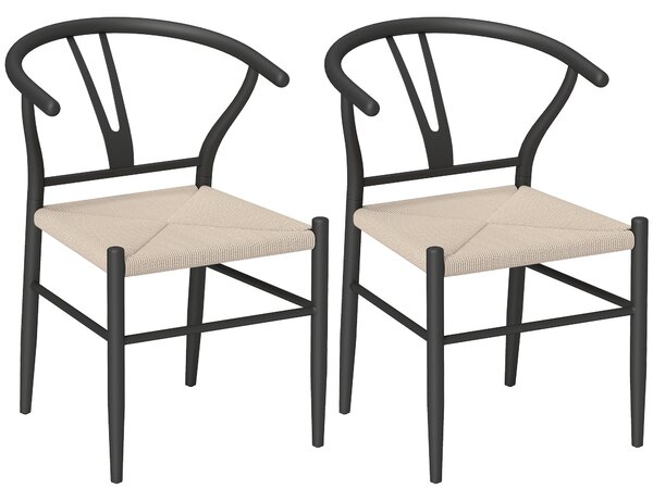 HOMCOM Set of Two Weave Dining Chairs with Y-Shaped Backrest Hemp Seat - Black/Beige