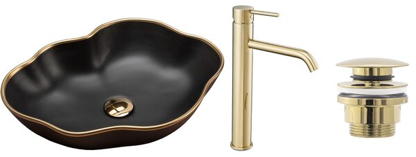 Set Countertop washbasin Pearl black matt gold edge + Bathroom faucet Lungo gold + Plug gold