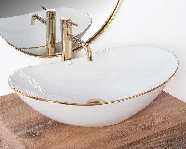 Set Countertop washbasin Royal gold edge + Bathroom faucet Lungo gold + Plug uniwersalny gold