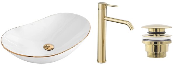 Set Countertop washbasin Royal gold edge + Bathroom faucet Lungo gold + Plug uniwersalny gold