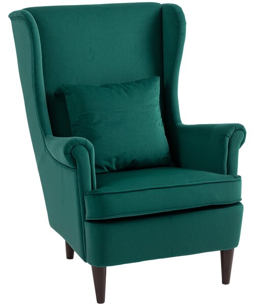 HOMCOM Modern Accent Chair, Upholstered Wingback Armchair with High Backrest and Pillow, Velvet-Feel Fabric Reading Chair with Solid Wood Legs for Living Room, Bedroom, Home Office, Dark Green