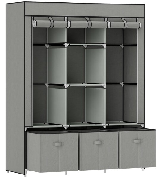 HOMCOM Fabric Wardrobe for Bedroom, Portable Wardrobe with 5 Shelves, 2 Hanging Rails and 3 Fabric Drawers, Foldable Closet, 125 x 43 x 162.5cm, Light Grey