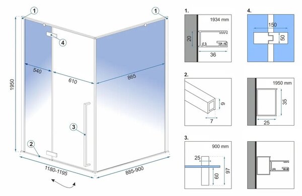 Square shower enclouser Fargo 120x90 Gold