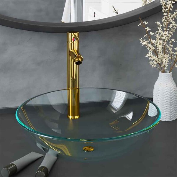 Tacoma Round Countertop Basin 420mm Wide With Gold Tap And Waste - Clear Glass