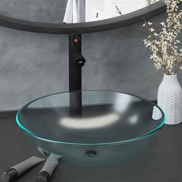 Tacoma Round Countertop Basin 420mm Wide With Black Tap And Waste - Half Frosted Glass
