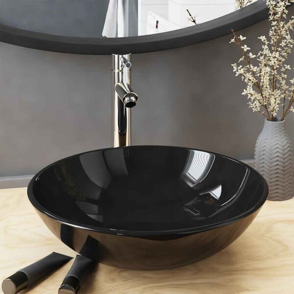 Tacoma Round Countertop Basin 420mm Wide With Chrome Tap And Waste - Black Glass