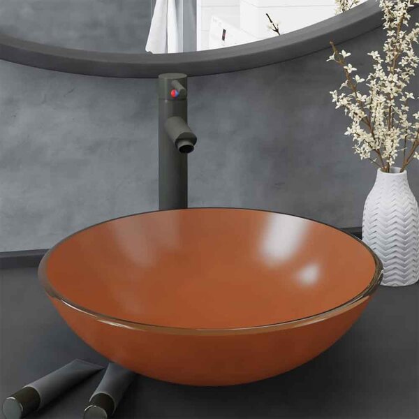 Tacoma Round Countertop Basin 420mm Wide With Grey Tap And Waste - Brown Glass