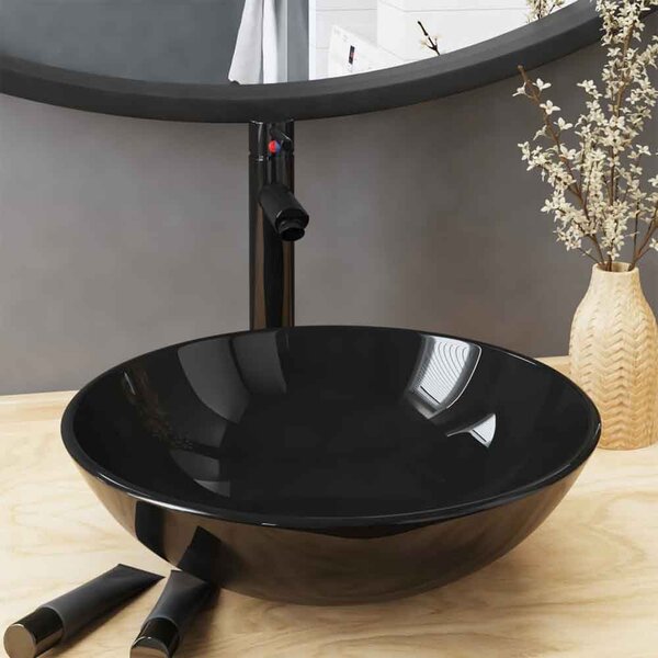 Tacoma Round Countertop Basin 420mm Wide With Black Tap And Waste - Black Glass