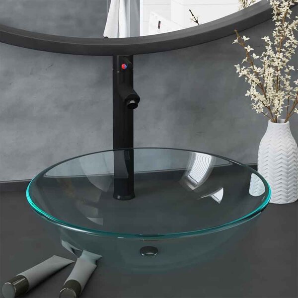 Tacoma Round Countertop Basin 420mm Wide With Black Tap And Waste - Clear Glass