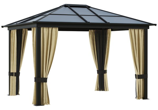 Outsunny 3.6 x 3(m) Hardtop Gazebo Canopy with Polycarbonate Roof and Aluminium Frame, Garden Pavilion with Mosquito Netting and Curtains, Brown