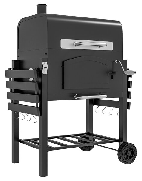 Outsunny Charcoal Barbecue Grill Trolley Garden Smoker with Shelves, Adjustable Height, Thermometer on Lid, Opener and Wheels Aosom UK