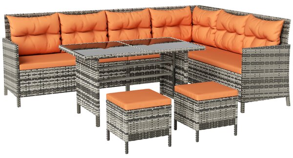 Outsunny 7-Seater Patio wicker Sofa Set Rattan Chair Furniture w/ Glass & Cushioned, Orange