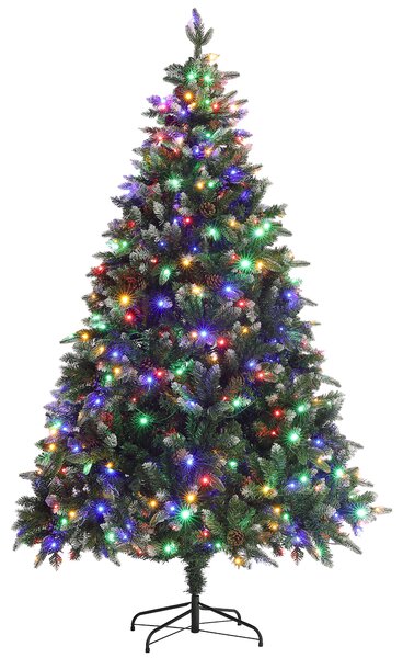 HOMCOM 7ft Prelit Artificial Christmas Tree with Dual Colour LED Light and 1466 Tips, Metal Base, Realistic Hinged Xmas Tree, Green