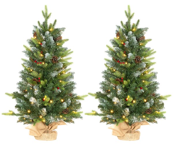 HOMCOM 2 Pieces 3ft Prelit Artificial Christmas Tree with LED Light and 291 Tips, Concrete Base, Tabletop Xmas Tree with Pine Cones and Red Berries, Green