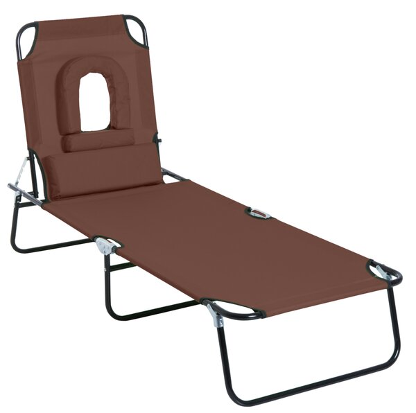 Outsunny Sun Lounger with Pillow and Reading Hole, Foldable Reclining Chair, Garden Beach Outdoor Recliner, Adjustable, Brown Aosom UK