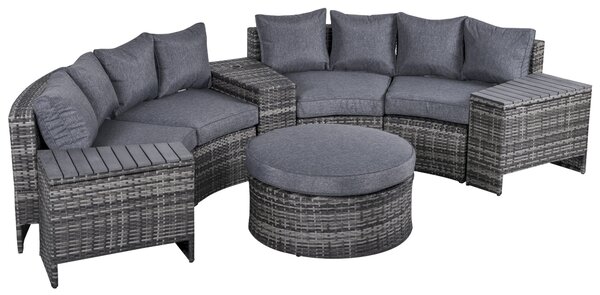 Outsunny 4-Seater Outdoor PE Rattan Wicker Sofa Set Half Round Conversation w/ 1 Umbrella Hole Side Table and 2 Storage Side Tables Grey