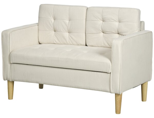 HOMCOM Modern Loveseat Sofa, Compact 2 Seater Sofa with Hidden Storage, 117cm Tufted Cotton Couch with Wood Legs, Cream White