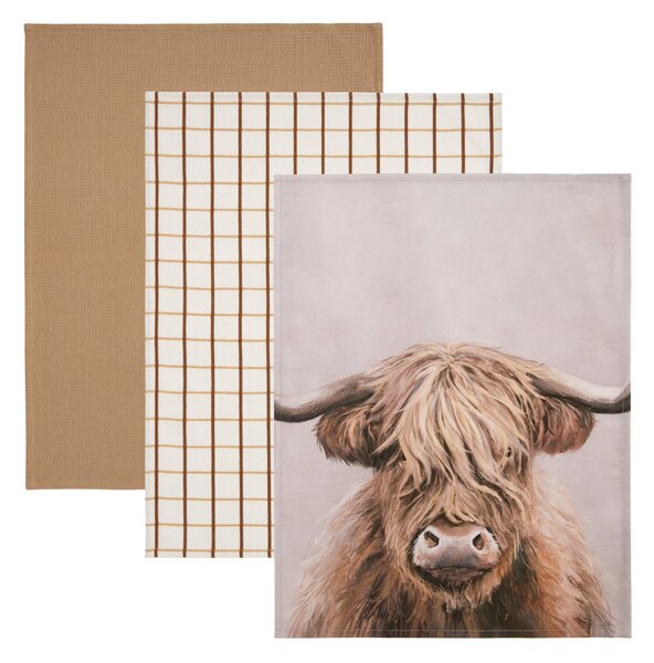 Highland Cow Set of 3 Tea Towels Brown