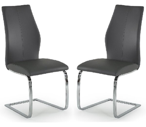 Bernie Grey Leather Dining Chairs With Chrome Legs In Pair