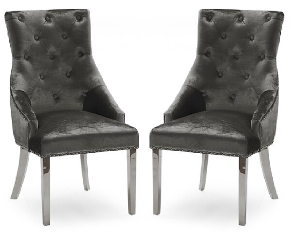 Enmore Charcoal Velvet Dining Chairs With Chrome Legs In Pair