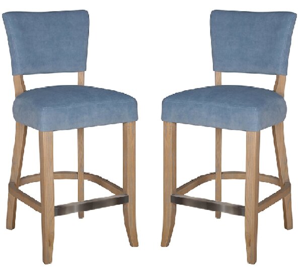 Dothan Blue Velvet Bar Chairs With Oak Legs In Pair