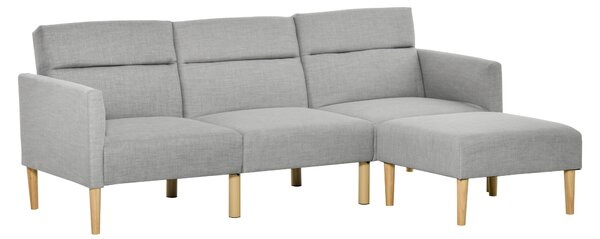 HOMCOM L Shape Sofa Bed Set, Linen Fabric Corner Sofa Bed with Rubber Wood Legs and Footstool, Light Grey