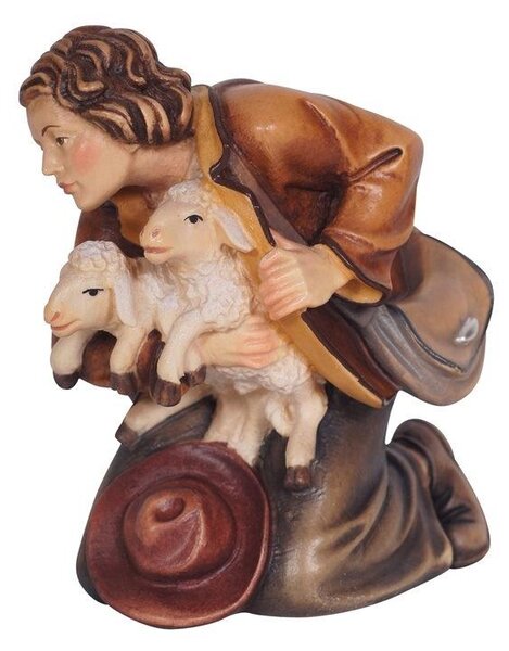 Shepherd kneeling with 2 lambs - Kostner