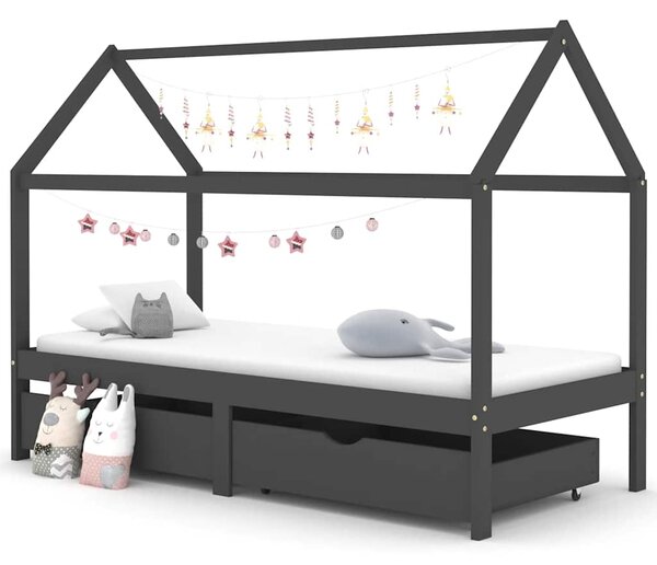 Kids Bed Frame with Drawers Dark Grey Solid Pine Wood 90x200cm