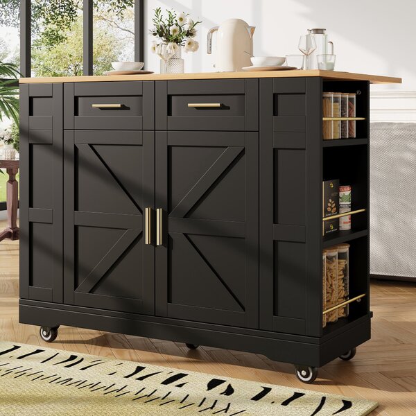 Elegant Kitchen Island Trolley with Wheels, Foldable Worktop, Black Kitchen Trolley with Double-Sided Storage, 120L x 40W x 90H cm, Black Aosom UK