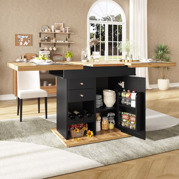 Telescopic Dining Table with Snack Shelf and Wine Rack for 4-6 People, Kitchen Table for Modern Living, 110L x 80W x 75H cm, Black+Natural Aosom UK