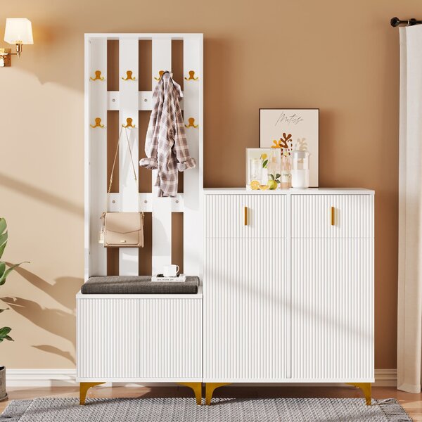 Practical Wardrobe Set with Shoe Bench and Cushion, Wave Texture, Closet Set Perfect for Entryway, 60.5L x 35W x 180.5H cm, White Aosom UK