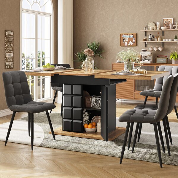 Telescopic Extendable Dining Table with Checked Pattern, Foldable Kitchen Table for 4-6 People, 110-140L x 80W x 75H cm, Black+Natural Aosom UK