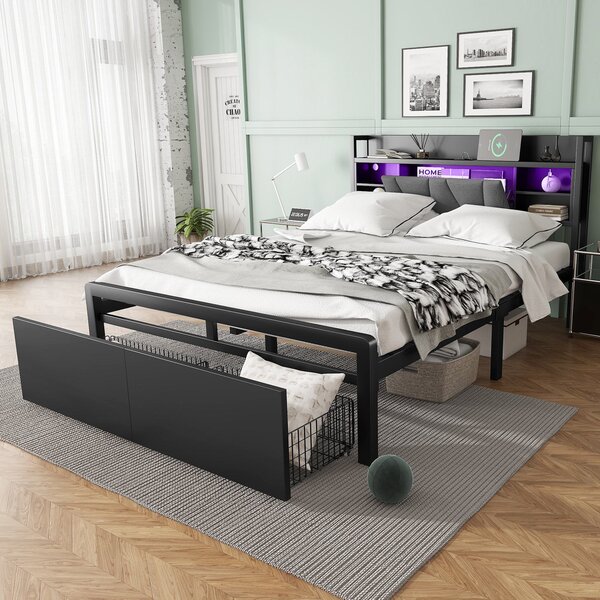 Metal Bed with LED Strip Lights and Charging Ports, Bed Frame with Wheeled Drawers, Padded Storage, 209L x 137.5W x 100H cm, Black Aosom UK