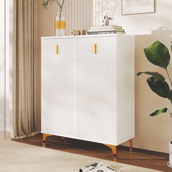 Elegant Sideboard with Adjustable Shelves and Gold-Plated Accents, Cabinet Ideal for Space-Saving Room, 83L x 35W x 101H cm, White+Gold Aosom UK