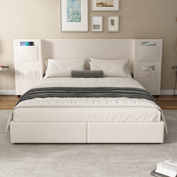Upholstered Double Bed with Storage Drawers and Headboard Pockets, Bed Frame with Velvet and Plywood, 229L x 222.5W x 87.5H cm, Beige Aosom UK