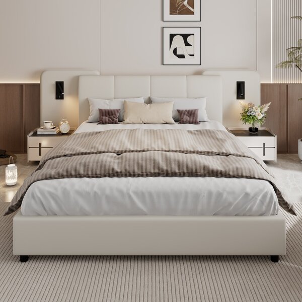 Upholstered Double Bed with Charging Port and Lighting, Headboard with Impact-Resistant Sponge Padding, 209L x 221W x 86.5H cm, Beige Aosom UK