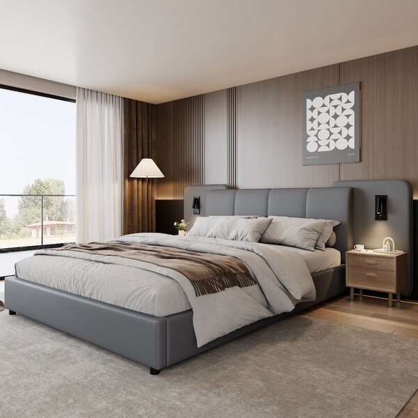 Upholstered Double Bed with Charging Port and Lighting, Full-Size Bed with Impact-Resistant Sponge Padding, 209L x 221W x 86.5H cm, Grey Aosom UK