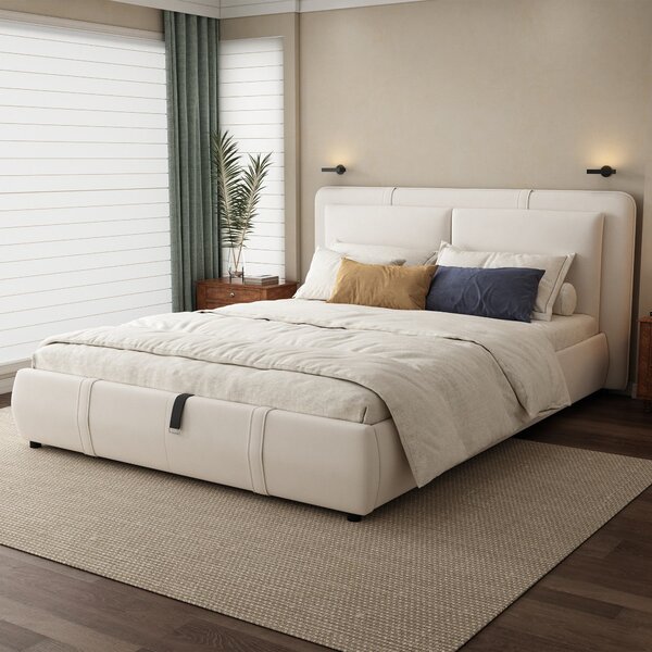 Upholstered Double Bed with Hydraulic Storage and Headboard, Full-Size Bed Ideal for Storing Bedding, 210L x 159W x 90H cm, Beige Aosom UK