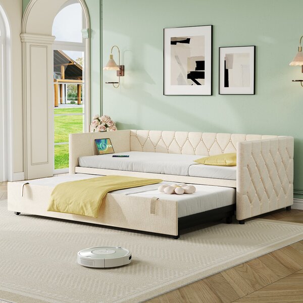 Upholstered Daybed with Charging Station, USB and Type-C Ports, Button-tufted Sofa Bed Ideal for Compact Room, 206L x 193W x 71H cm, Beige Aosom UK