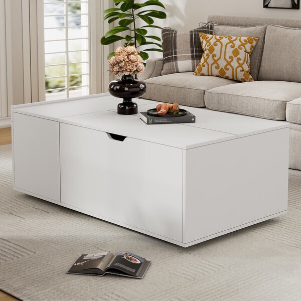 Lift Up Coffee Table with Hydraulic Mechanism, Hidden Storage, Wooden Tea Table with Sliding Door and Drawer, 117L x 65W x 43H cm, White Aosom UK