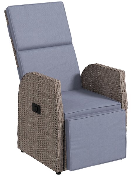 Outsunny Outdoor PE Rattan Leisure Chair with Cushion, Hand-Woven PE Rattan Recliner Garden Chair with Adjustable Back and Footrest, Patio Deck Chair with Side Table, Brown