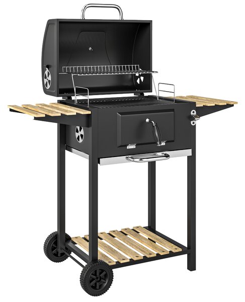 Outsunny Charcoal BBQ Grill with Height Adjustable Charcoal Pan, Portable Barbecue Smoker with Warming Rack, 3 Shelves, Temperature Gauge, Wheels, Bottle Opener for Outdoor Cooking Garden Party