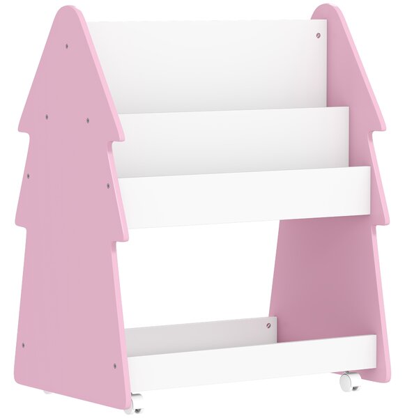 AIYAPLAY Kids Bookshelf with Toy Storage, Double-Sided Bookcase with Wheels, 3 Tier Kids Book Rack for Bedroom, Pink