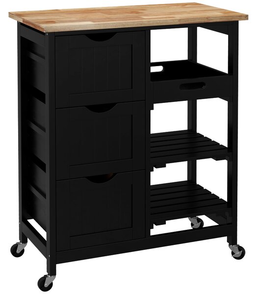 HOMCOM Rolling Kitchen Island Cart, Bar Serving Cart, Compact Trolley on Wheels with Wood Top, Shelves & Drawers for Home Dining Area, Black