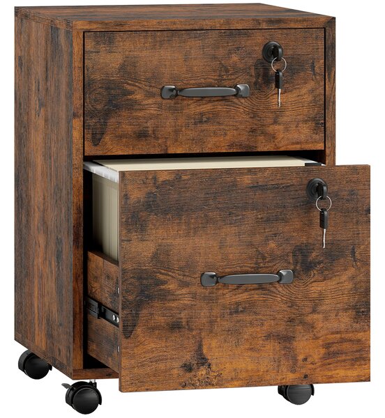 HOMCOM Rolling File Cabinet with 2 Drawers, Mobile Filing Cabinet with Hanging File Folder for Letter Sized Documents, Rustic Brown