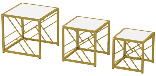 HOMCOM Nesting Coffee Tables, Set of 3 Square Side Tables with Black Metal Frame, for Living Room, Bedroom and Office, White