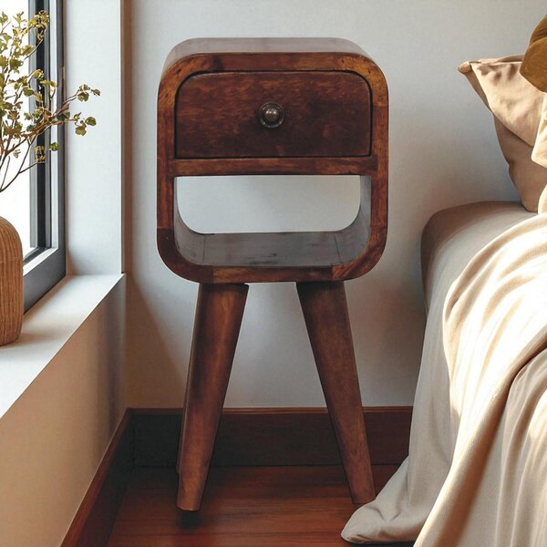 Solid Mango Wood Nightstand, Drawer & Open Shelf, Mini Bedside Table for Bedroom, 20L x 20W x 40H cm, Brown Aosom UK