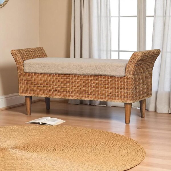 Woven Small Bench, Upholstered Window Seat with Arms and Wooden Legs, Vintage Shoe Bench for Entryway, Living Room, Bedroom Aosom UK