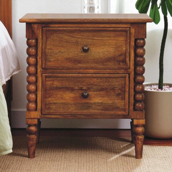 Solid Mango Wood Bedside Table with 2 Drawers, Ample Storage, Nightstand for Living Room & Bedroom, Brown Aosom UK