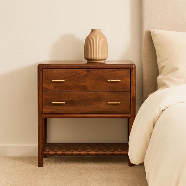 Tall Woven Cabinet with 2-Drawers & Open Shelf, Smooth-Gliding, Solid Mango Wood Bedside Table for Display & Storage Brown Aosom UK